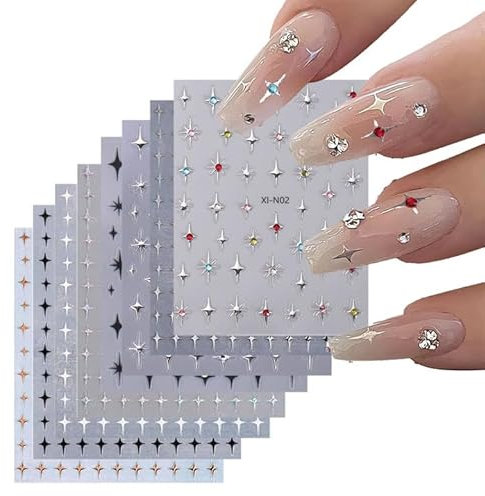 8 Blatt Nagelsticker Sterne,Nail Stickers,Nagel Stickers,Nail Sticker,Nagelsticker Sterne,3D Metallic Silber Nagelsticker für Heim-Nagel-Heimwerker und Professionelle Nagelstudios (10.5×8cm)