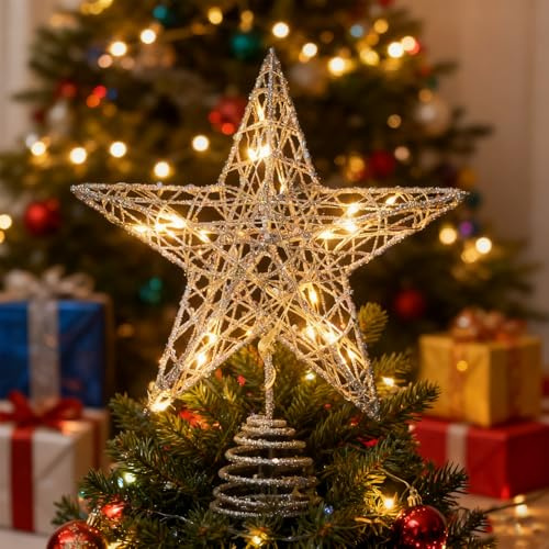 Christmas Tree Topper Star, Glitter Tree Topper Metal Hollow Tree Star Lighted for Xmas Holiday Party Indoor Decorations (Silver)