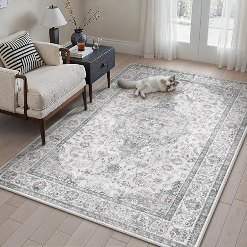 PureCozy Waschbarer Grau Teppich Wohnzimmer 120x170cm Vintage Tepich | Weich Kurzflor Groß Carpet, Rutschfest, Leicht, Schlafzimmer, Esszimmer, Büro, Kinderzimmer