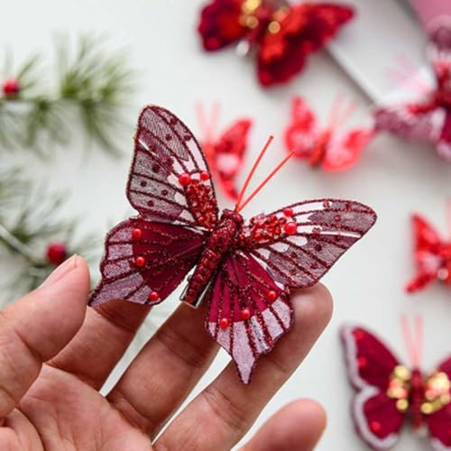 Handgefertigtes Schmetterlings-Dekorationsset mit Clips für Weihnachten und saisonalen Gebrauch, leichte Kunststoff-Schmetterling-Anhänger für Kranz und Baumschmuck, 10 Stück (Golden)