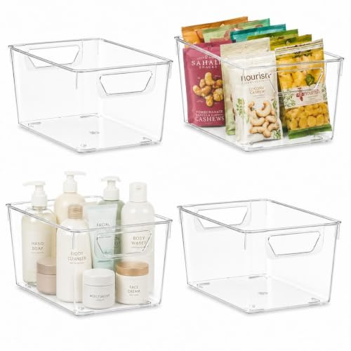 Sydroya 4 Pack Clear Plastic Storage Bins, Pantry Organiser Bins with Handle for Fridge, Kitchen, Cupboard Organization, Refrigerator, Countertop, Bathroom, Cabinet Organisers