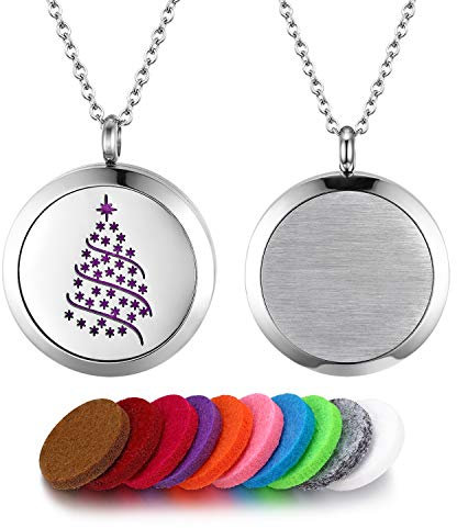 Flongo Aroma Diffuser Kette Aromatherapie: Duft Halskette für Ätherische Öle Weihnachtsbaum Edelstahl Duftkette mit 10 Farbigen Filz Pads ölpads Silber für Damen Frauen