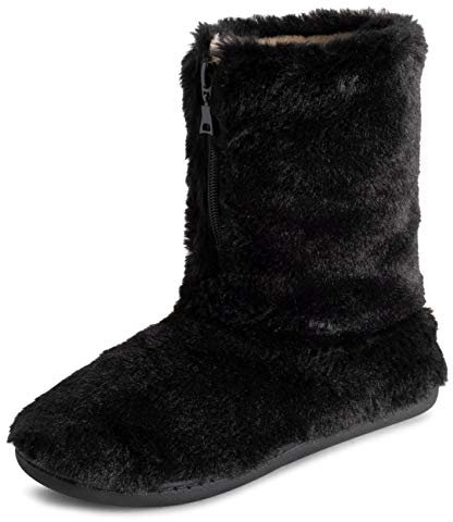 Polar Damen Gedächtnisschaum Reißverschlussper Kunstfell überzogene Gummisohle Innen Draussen Cosy Luxury Stiefel Hausschuhe - Schwarz - UK8/EU41 - YC0719