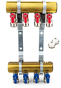 Messing Heizkreisverteiler 4 Heizkreise Set mit 8 x PEX Kugelhahn mit Klemmring 16mm x 1/2 AG & 2 x Entlüfter & 2 x Blindstopfen 1 Zoll | Systemverteiler Zentralheizung 2-12 Fach Verteiler Heizung