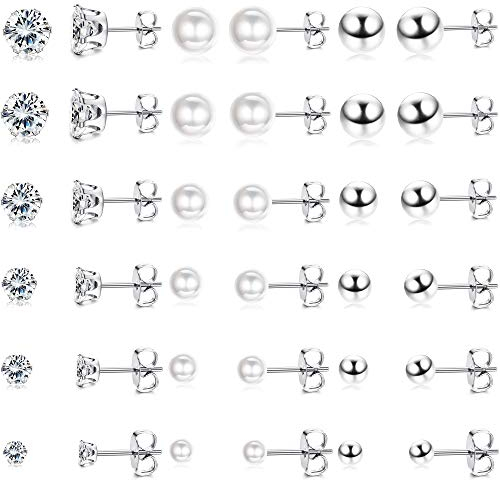 YADOCA 18 Paare Edelstahl Silber Ohrringe für Damen Mädchen Runde Ball Zirkonia Faux Perle Ohrringe Stecker Set Ohr Piercing Ohrstecker Verschiedene Größen (3-8mm)