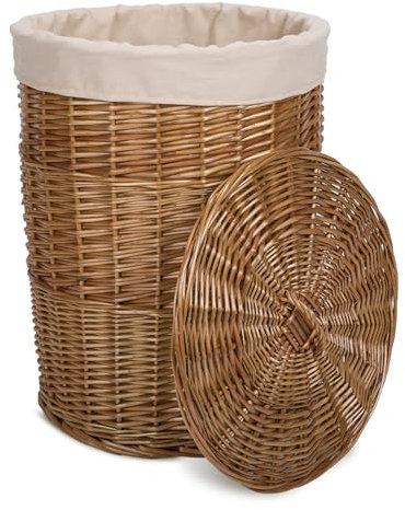 Natural Finish Round Laundry Wicker Basket Cotton Liner with Lid Bathroom Storage (Brown, Large)