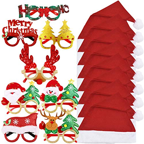 16 Stk Weihnachten Accessoires 8 Stück Weihnachten Brille Lustig Weihnachtsbrillen 8 Stück Weihnachtsmützen Weihnachtsmann Santa Mützen Nikolausmütze für Weihnachten Party Dekoration