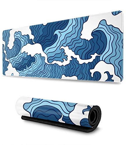 Japanese Blue and White Wave Mouse Pad Large Gaming with Nonslip Base?31.5x11.8 Thick, Comfy Foldable Mat for Desktop Laptop Keyboard Consoles & More.