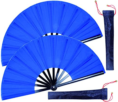 Honshen 2 Pack Large Folding Hand Fans, Blue Kung Fu Tai Chi Fan, Nylon-Cloth Fan for Men and Women's Performance, Dance, Festival and Gift (Pack of 2 plus Bag)