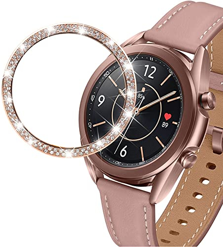 DEALELE Uhrengehäuse Kompatibel mit Samsung Galaxy Watch 3 41mm, Glitzer Strass Edelstahl Metall Lünette Ring Kleber Abdeckung Kratzfest Schutzabdeckung, Roségold