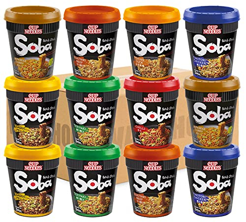 Nissin Cup Soba Pot Noodles 12 Servings Mixed Assorted Flavours (Classic, Teriyaki, Chicken, Chilli, etc) | Selected by WaNaHong