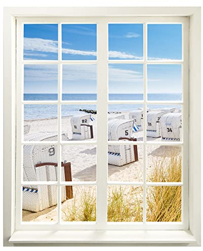 Wandtattoo - Fenster mit Aussicht Strandkörbe Ostsee 83 x 100 cm (BxH) - Wandaufkleber - Wandsticker