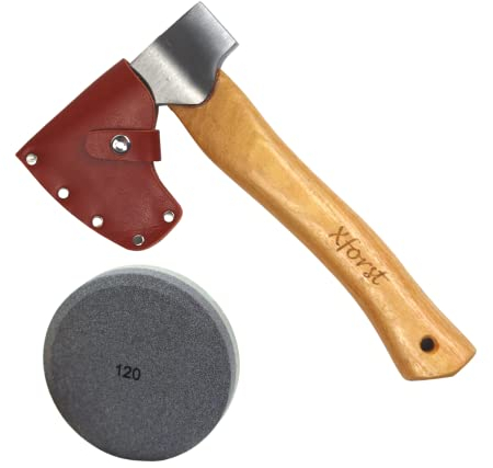 Ascia e pietra per affilare. Accetta a mano in legno, con protezione lama in ver. Modello Accetta X-AG1 + pietra per lappare X-GS1.