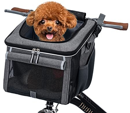 BABEYER Dog Bike Basket, Soft-Sided Dog Bike Carrier with 4 Mesh Windows for Small Dog Cat Puppies - Grey