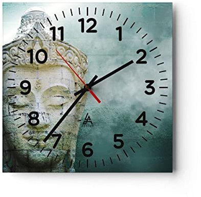 Modern Wanduhr Buddha Grafik Türkis 30x30cm Quadrat Klein Wand Uhr Glas Analog Zimmeruhren Küche Büro Wohnzimmer Glasuhr Wall Clock Dekoration Design Wanddekoration Küchenuhr C4AC30x30-4342