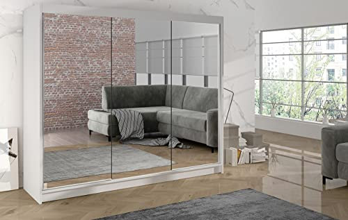 ML Furniture Derby White Sliding 3 Door Wardrobe 200 cm with LED Lights – Full Mirror - Wardrobes for Bedroom with Clothes Rail – Bedroom Furniture Set – 200 x 215 x 58