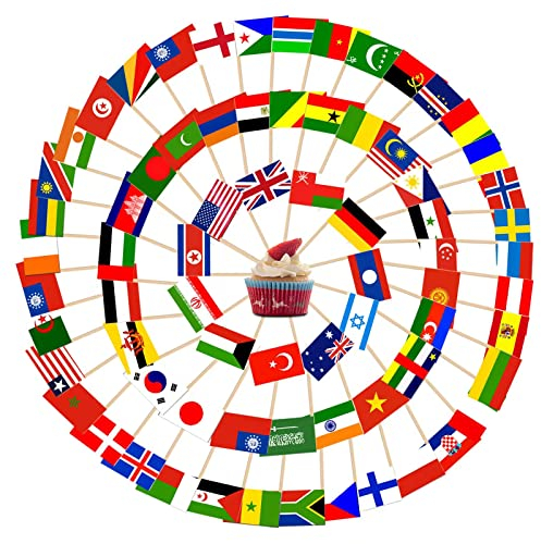 AhfuLife 200 Länder Internationale Zahnstocher Cocktail Flagge für Olympische Spiele Deko 2024, 100 Länder Weltflaggen Fahne Zahnstocher für EM Eurovision WM Cupcake Toppers Toothpick Party Pub Deko