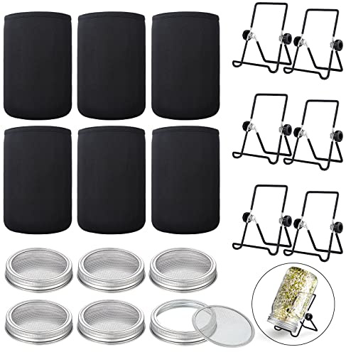 6 Pack Sprouting Lids with Stainless Steel Jar Stands, Blackout Sleeves, Kit for Wide Mouth Mason Jars, Organic Sprouts
