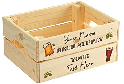 Personalised Beer Crate Gift Box - Rustic Wooden Pine Storage Bottle Boxes with Handles - Treat Hamper for Him Her - Drinks Accessories Home Bars Pubs - Gifts for Beer Lovers - WC-Beer