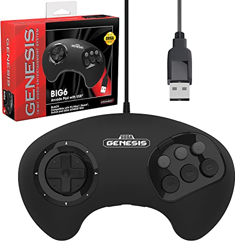 Retro-Bit BIG6 Contrôleur USB Arcade pour Sega Genesis Mini, Switch, PC, Mac, Steam, RetroPie, Raspberry Pi – Port USB – Noir