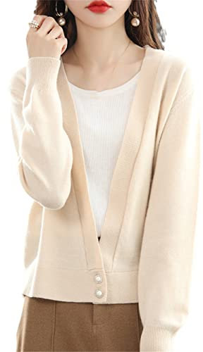 Australian Cashmere Cardigan Damen V-Ausschnitt Dünner Kurzer Mantel Solid Kaschmir Schal Pullover, beige, XL