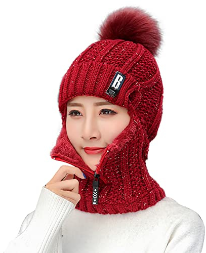 Surakey Winter Mütze Schal Set Damen Schlupfmütze Warm Wintermütze Schalmütze Mütze Damen Winter Strickmütze mit Bommel Fleecefutter Warme Beanie Mütze für Outdoor Wintersport