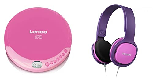 Lenco CD-011 Tragbarer CD-Player Walkman - Diskman - CD Walkman - Pink & Philips Audio SHB3075RD/00 On-Ear Kinderkopfhörer pink/lila