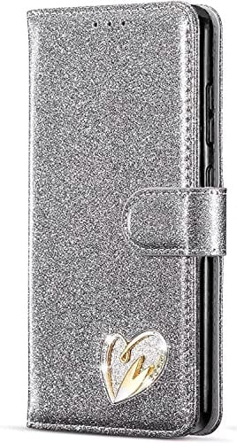 MHtech Case For Apple iPhone XR, Phone Case Shiny Leather Bling Glitter Book Flip Stand Card Wallet Protective Cover For iPhone XR Phone (Silver)