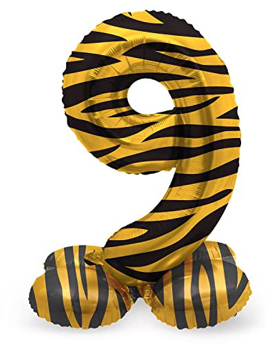 Folat 63959 Luftballon Geburtstag Stehender Ziffer Zahl 9 Tiger Chic Löwe Braun Schwarz 72 cm - Decoration Geburtstagdeko, Ballon Zahl, Kein Helium erforderlich