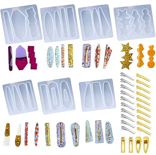 Cayway Haarnadel Schmuck Silikonform, 7 Stück Haarnadel Silikonform Gießform Resin Formen und 24 Stück Metallclip für Haarnadel, Schlüsselbund, Lesezeichen, Anhänger