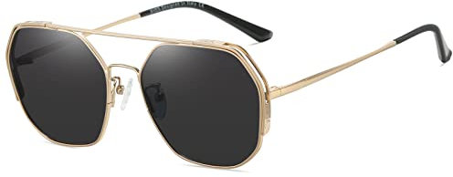 SHES Double Bridge Polygon Polarisierte Sonnenbrille für Frauen Designer Klassische Sonnenbrille Hexagon Frame Shades SH3016 (Gold Rahmen Grau Linse)