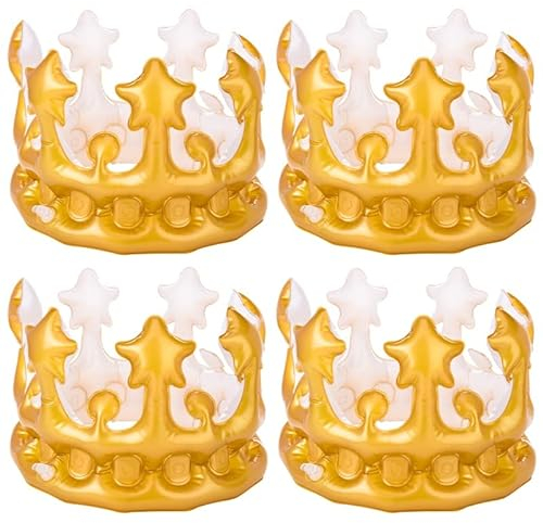 Heyu-Lotus 4 Stück Aufblasbare Krone König Krone Königin Krone Aufblasbare Geburtstagskrone Gold Krone Karnevalskostüm Zubehör für Jugendliche und Erwachsene Geburtstag Dekoration