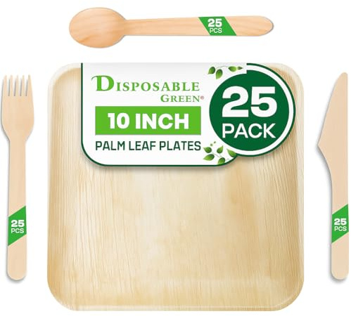 ECO FRIENDLY DISPOSABLE GREEN 100 Pack Palm Leaf Plates, Wooden Cutlery Set - 25 Large Square Plates, 25 Forks, 25 Knives, 25 Spoons - Biodegradable, Oakwood Finish, Wedding Party (400 pcs Total)