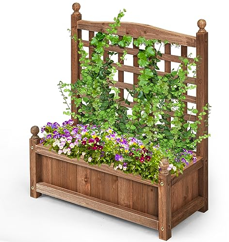 HOMASIS Macetero con parrilla, jardinera de balcón con enrejado, macetero con estante de madera maciza, macetero con enrejado para plantas trepadoras, 64,5 x 28 x 75 cm, marrón