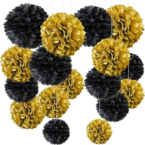 YBwanli Schwarzes Gold Pompons Deko 20 Stück, deko schwarz gold Seidenpapier Pom Poms, Neujahr Silvester Deko, Abschlussdekorationen,Junggesellinnenabschiede, Geburtstagsdekoration,bachelor deko