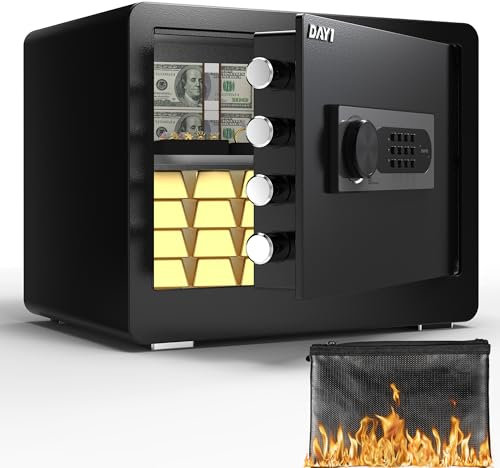 DAYI Safe Box with Fireproof Waterproof Bag, 1.2 CUFT Home Security Safe Box for Money Documents Cash Valuables, Digital Electronic Keypad Dual Alarm System Removable Shelf - D-35