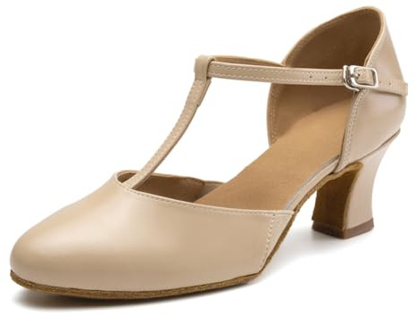 RUYBOZRY Character Shoes for Women T-Strap Closed Toe Latin Salsa Tango Standard Ballroom Dance Shoes,YCD29-Suede Sole-2.33 Heel,Nude,US 7.5