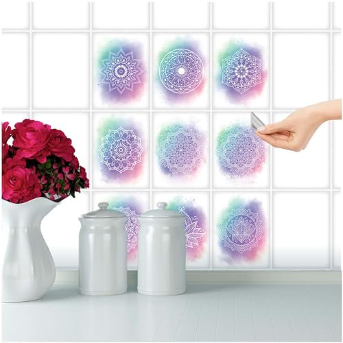 FoLIESEN Fliesenaufkleber für Bad, Küche, Badezimmer - Fliesen-Folie selbstklebend - Deko-Aufkleber - Mandala Freedom, .:15x20 cm - 9-tlg.