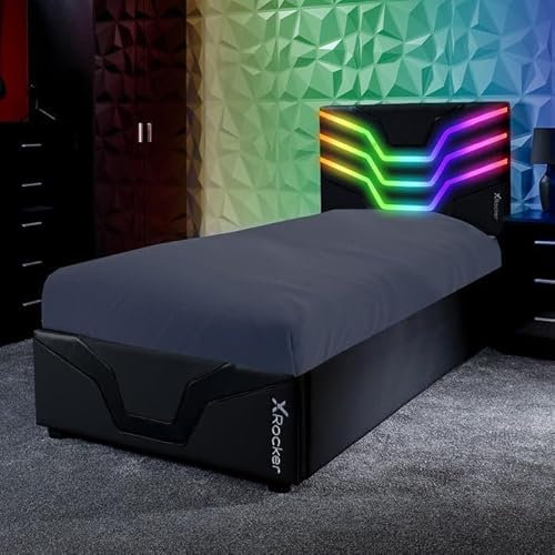 X-Rocker Cosmos RGB Upholstered Ottoman Single Bed for Gamers with RGB LED Lighting, Single 3ft Bedstead Bed Frame with Storage, Gas Lift, PU Faux Leather Headboard, 90x190cm Mattress Included - BLACK