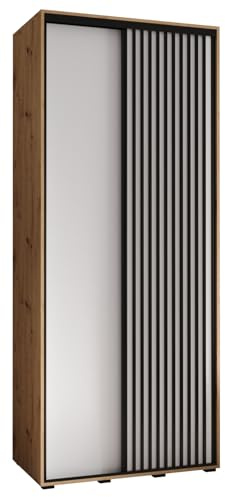 MEBLE KRYSPOL Lanko 1 Schrank mit Zwei Schiebetüren mit Stange, Regale - Moderner Aufbewahrungsschrank für Schlafzimmer, Wohnzimmer - 235,2x100x45 cm - Artisan Weiß Schwarz