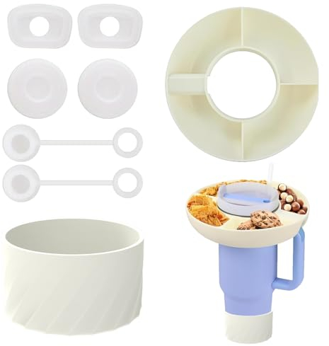 8 Pcs Snack Bowl Set with Mug Bottom Protector and Straw, Cover Caps Compatible with Stanley 40 oz,fits Stanley Cup 1.0/2.0, Silicone Snack Tray for Candy, Movie Theater (White)