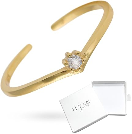 ILYAN Ring mit Stein Zirkonia gold, solitär, 925 Silber, 14K vergoldet - Eleganter Damenring, Verlobungsring, Geschenk, Hochzeitschmuck mit Schatulle