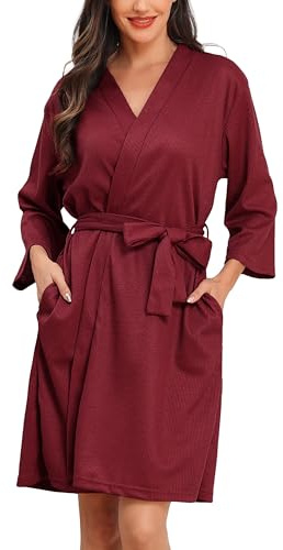 Lovasy Leichter Bademantel Waffelpique Damen 3/4 Ärmel Saunamantel Waffelstrick Morgenmantel Weich Knielang Loungewear mit Gürtel Taschen