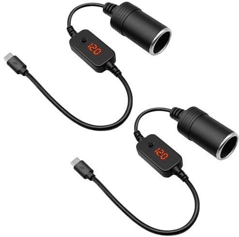 2PCS USB C Male to 12V Car Cigarette Lighter Socket Type-C to Cigarette Lighter Adapter Cable Converter with Voltmeter Display, Adjustable Voltage 5V/9V/12V, Suitable for Car Charger, GPS, Dash Cam