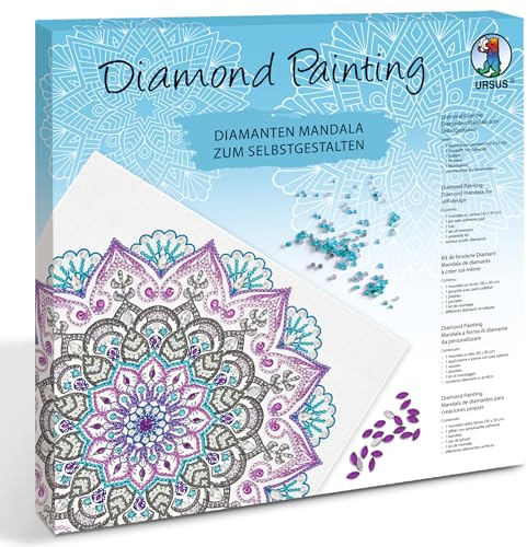 Ursus 43520012F - Diamond Painting Mandala Set 12, Bastelset mit Leinwand und Steinen in Lila-, Grün- und Blautönen
