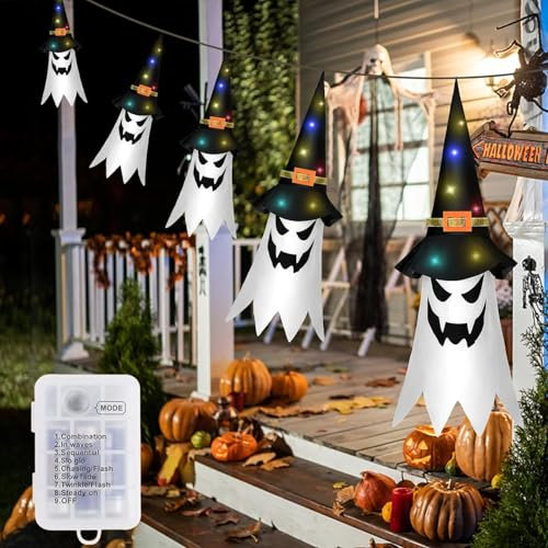 Lecone Halloween-Deko Garten Outdoor,5 Stück Hängende Geister mit Hexenhut,Halloween Lichterkette Fliegende Geisterhüte mit10 LED Lichtern für Karneval Party Halloween Terrasse Baum Veranda Deko