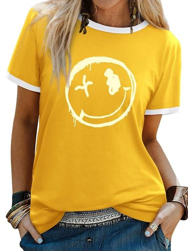 WIEIYM Women's T-Shirts Crew Neck Short Sleeve Ladies T Shirts Casual Summer Tops Smile Face Printed Tee Shirts Blouse S-XXL Yellow