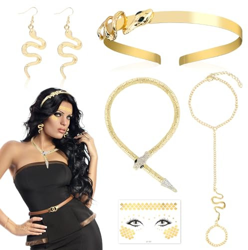 DPKOW Medusa Bandeau Collier Bracelet Serpent Boucles d'oreilles Tatouage Visage, Accessoires de Costume Medusa Femmes Déesse Grecque Accessoires de Costume Serpent Déguisement Accessoires Femmes