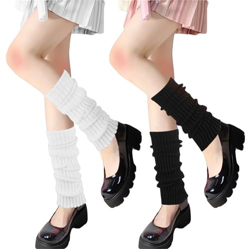 YUWJOOWEE 2Paar Beinwärmer für Damen, Modische Strick-Beinwärmer-Socken im 80er, 90er Jahre-Stil Stulpen für Damen, Stulpen Beinwärmer für Partys, Ballett, Tanzen und Sport, Weiß, Schwarz