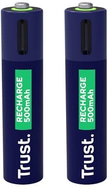 Trust Pile Ricaricabili AAA USB-C 2 Pezzi, Batterie AAA Porta USB-C Integrata, Nessun Caricabatteria Necessario, 500 mAh Pile Mini Stilo Ricaricabili tramite Porta USB, Confezione da 2